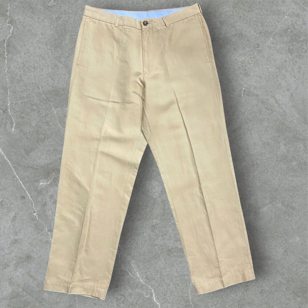 Brooks Brothers 346 Casual Straight Leg Linen Blend Tan Brown Pants Mens 35 x 30